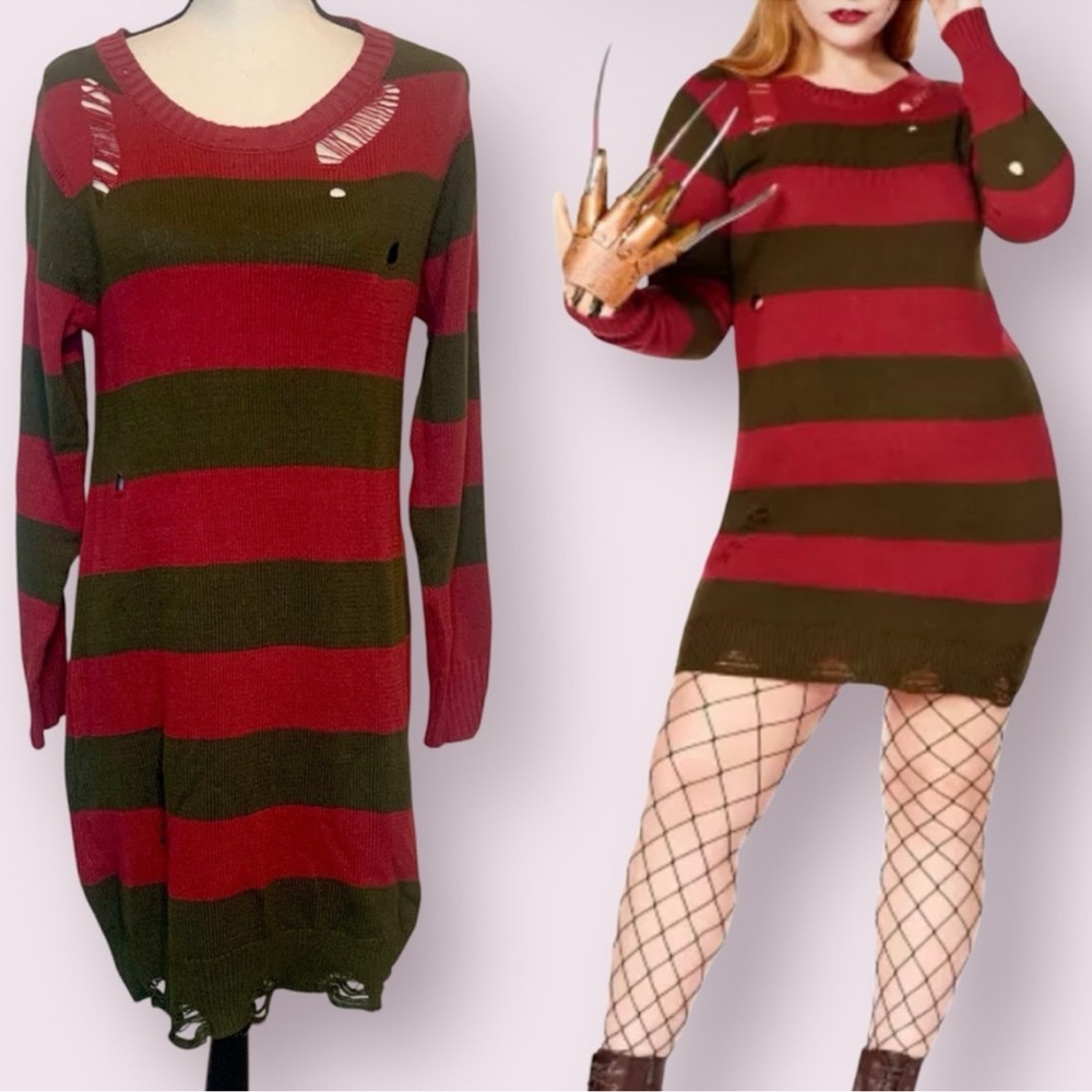 Freddy Krueger Nightmare on Elm Street Large Red & Green Striped Sweater Dress